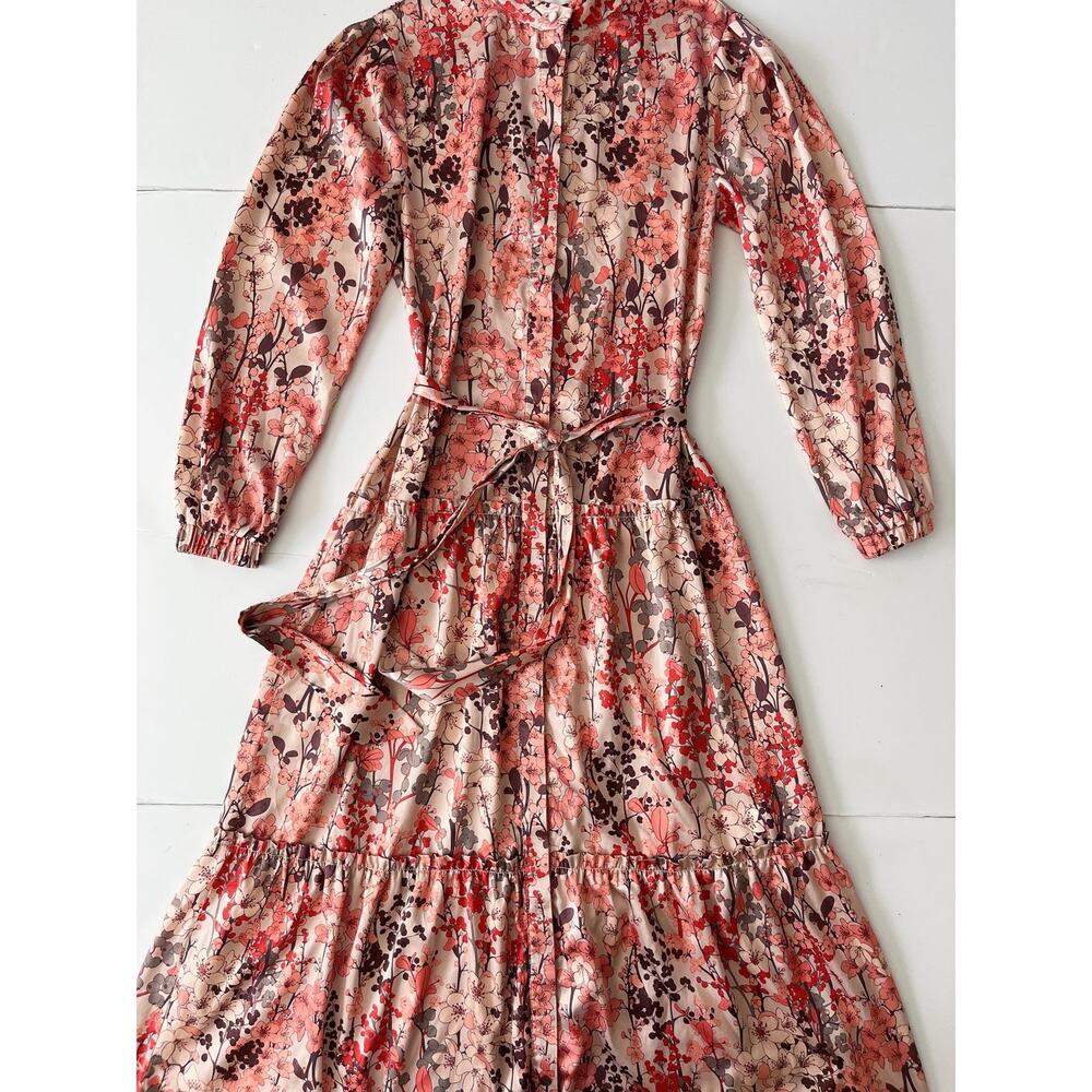 NOVA Dress Women M Autumn Floral Maxi High Neck Belted Long Sleeve Boho Satin